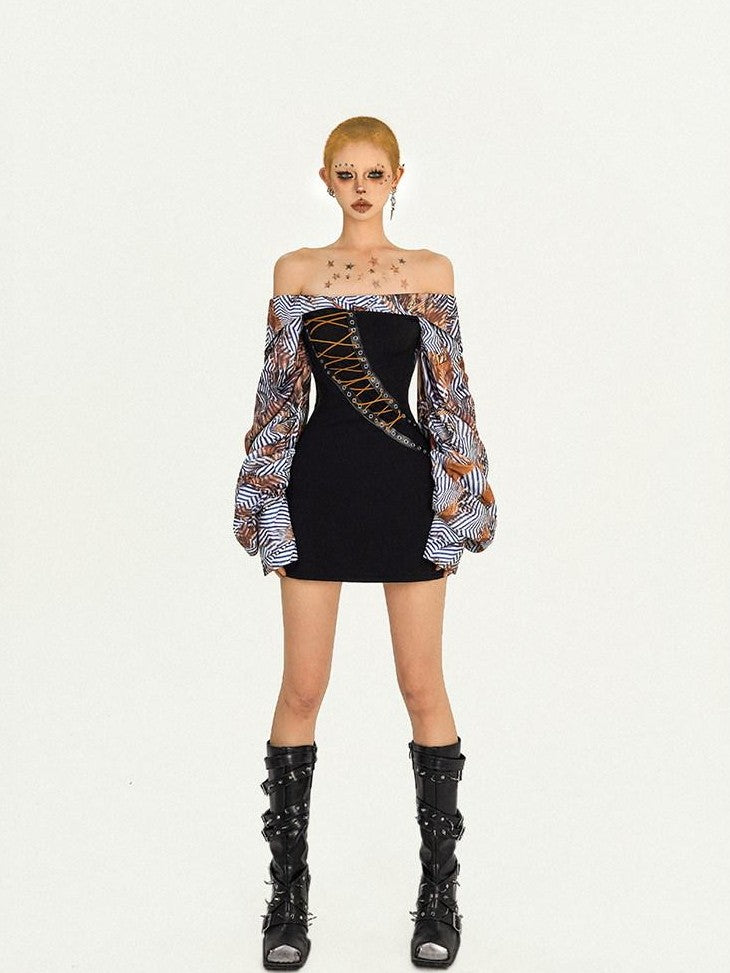 Nico Molly Black Spliced Lace Up Off Shoulder Women's Strapless Mini Dresses