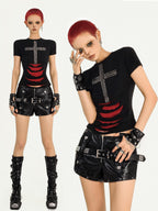 Nico Molly Black Studded Cross Ripped Shoulder Punk Women's Short Sleeve T-shirts