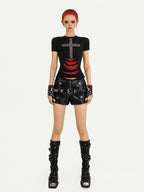 Nico Molly Black Studded Cross Ripped Shoulder Punk Women's Short Sleeve T-shirts
