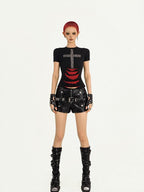 Nico Molly Black Studded Cross Ripped Shoulder Punk Women's Short Sleeve T-shirts