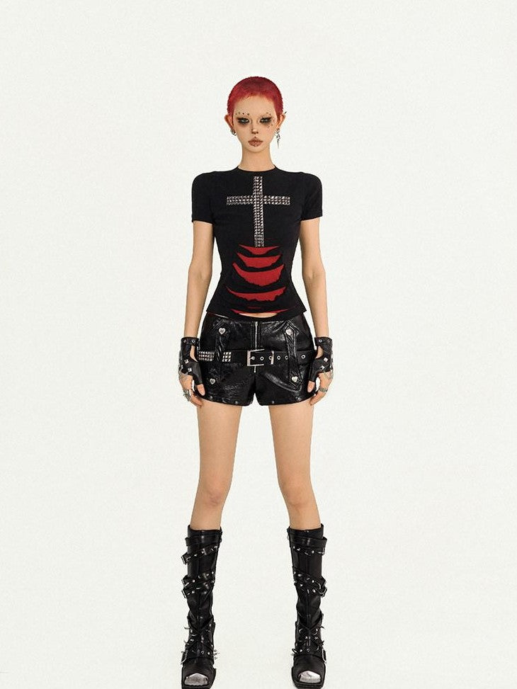 Nico Molly Black Studded Cross Ripped Shoulder Punk Women's Short Sleeve T-shirts