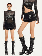 Nico Molly Black Studded Metal Pocket Zip Low Waist Slim Women's Cotton Denim Shorts