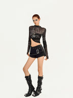 Nico Molly Black Studded Metal Pocket Zip Low Waist Slim Women's Cotton Denim Shorts