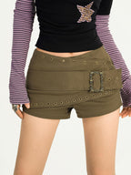 Nico Molly Black Studded Metal Pocket Zip Low Waist Slim Women's Cotton Denim Shorts