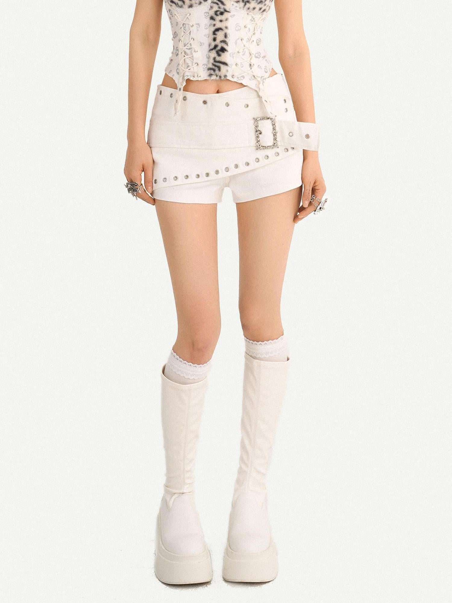 Nico Molly Black Studded Metal Pocket Zip Low Waist Slim Women's Cotton Denim Shorts