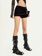 Nico Molly Black Studded Metal Pocket Zip Low Waist Slim Women's Cotton Denim Shorts