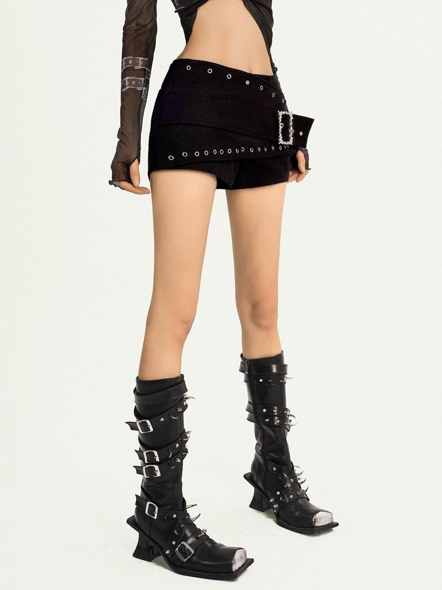 Nico Molly Black Studded Metal Pocket Zip Low Waist Slim Women's Cotton Denim Shorts