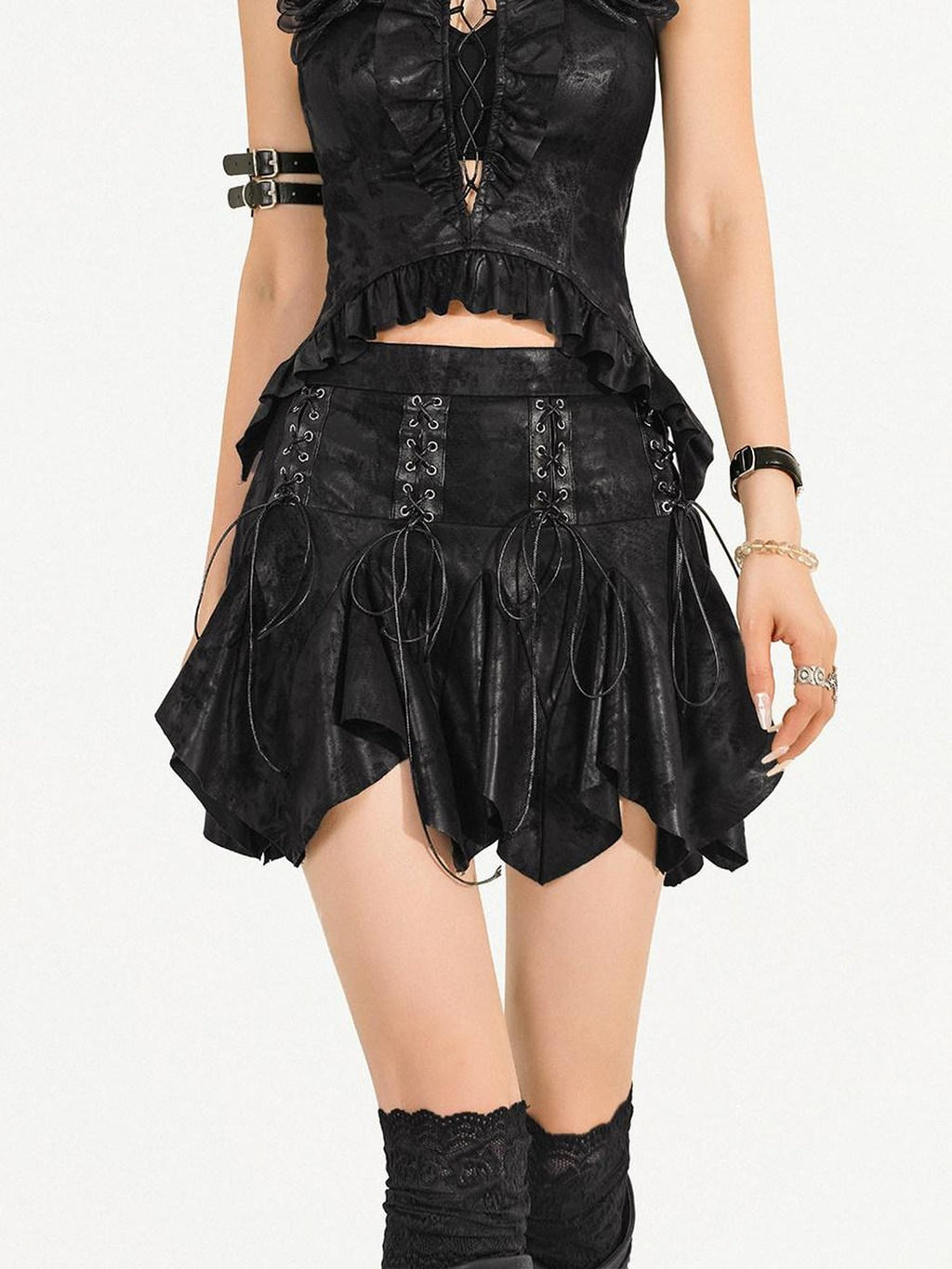 Nico Molly Black Textured Irregular Tie Dye Drawstring A Line Women's Viscose Mini Skirts