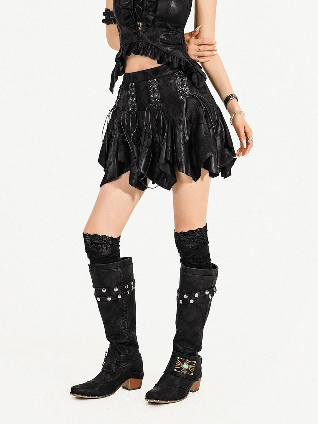 Nico Molly Black Textured Irregular Tie Dye Drawstring A Line Women's Viscose Mini Skirts