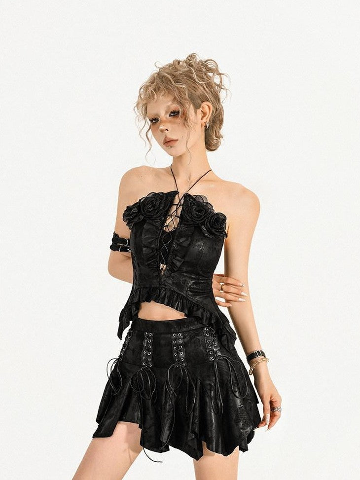 Nico Molly Black Textured Irregular Tie Dye Drawstring A Line Women's Viscose Mini Skirts
