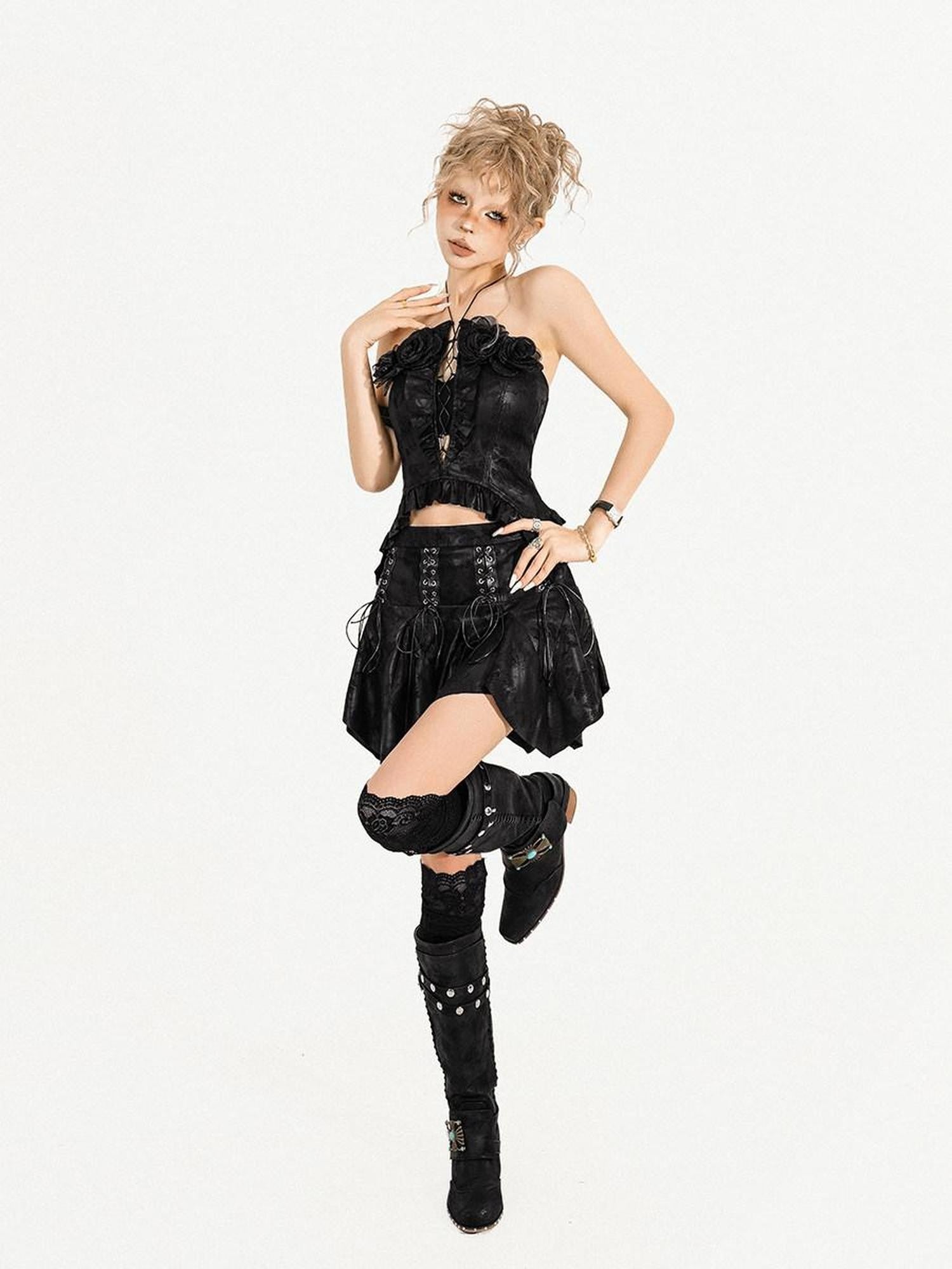Nico Molly Black Textured Tie Dye Gothic Halter Women's Top & Skirt Sets