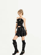 Nico Molly Black Textured Tie Dye Gothic Halter Women's Top & Skirt Sets