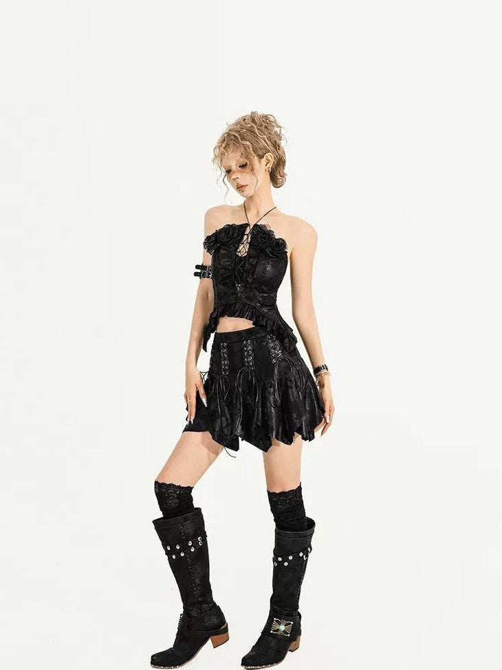 Nico Molly Black Textured Tie Dye Gothic Halter Women's Top & Skirt Sets