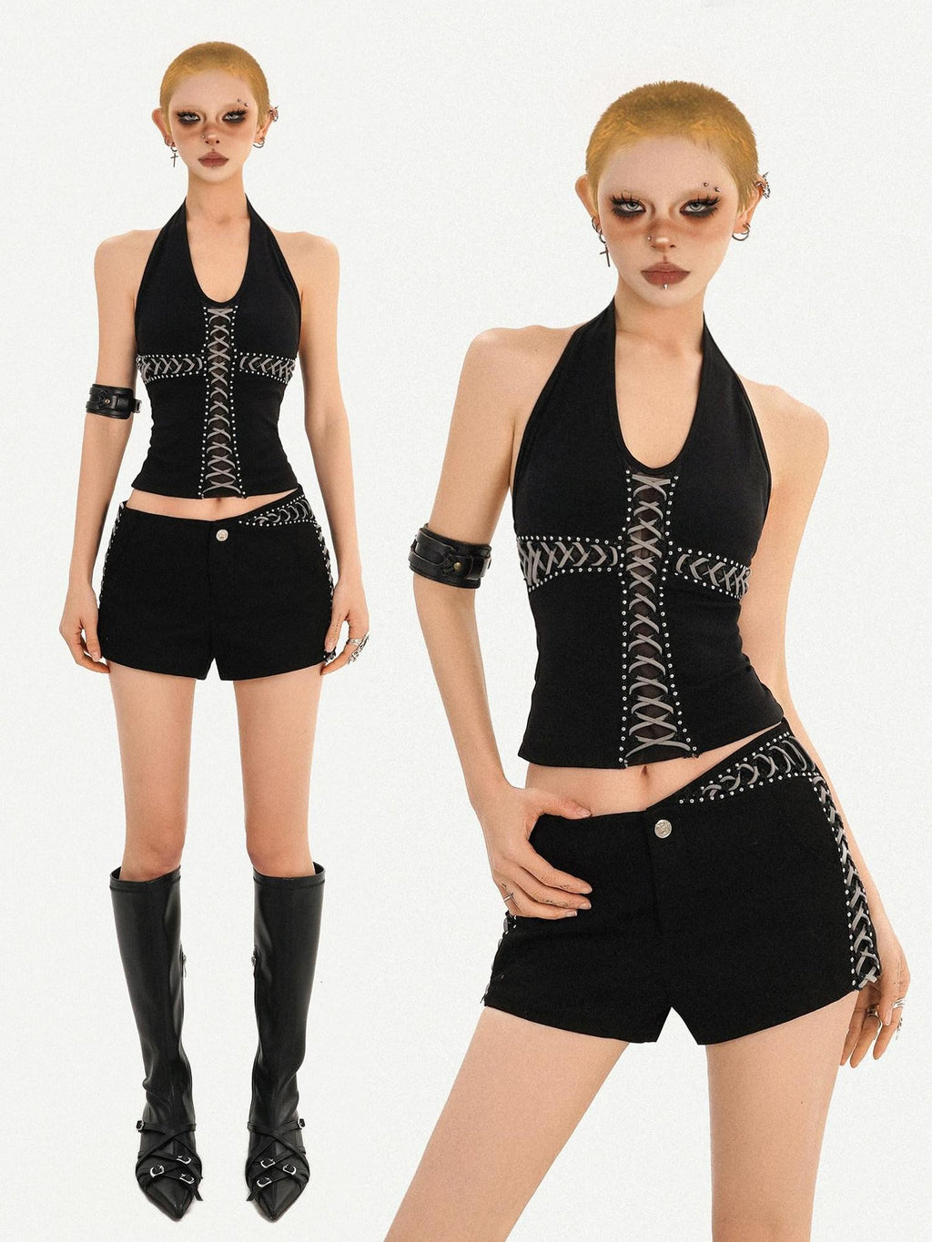 Nico Molly Black V-neck Halter Tie Waist Backless Cropped Women's Tank Tops
