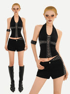 Nico Molly Black V-neck Halter Tie Waist Backless Cropped Women's Tank Tops