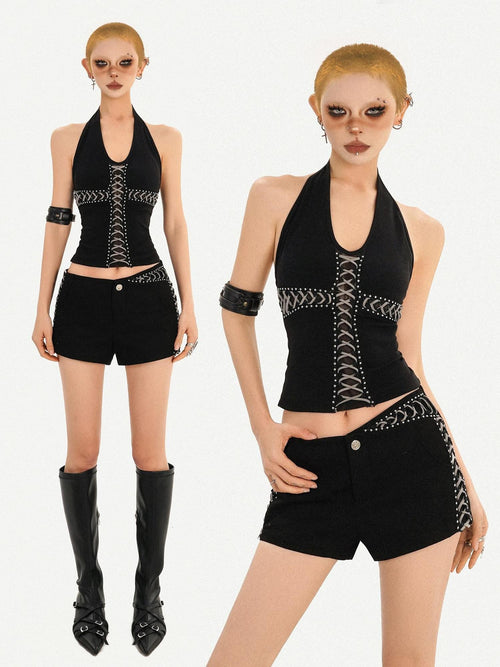 Nico Molly Black V-neck Halter Tie Waist Backless Cropped Women's Tank Tops