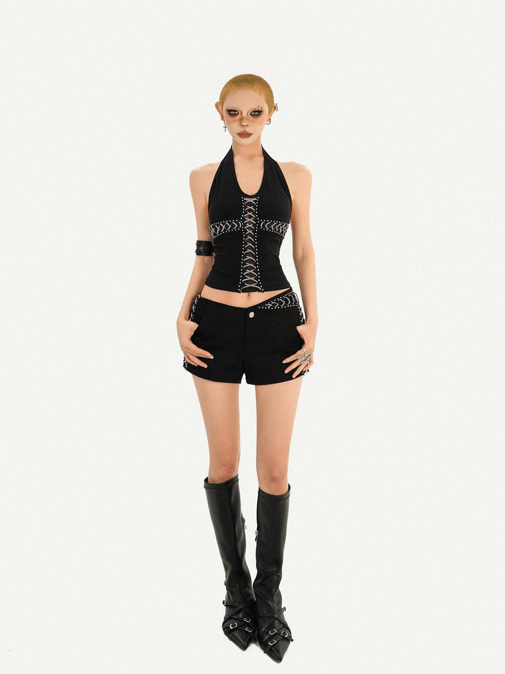 Nico Molly Black V-neck Halter Tie Waist Backless Cropped Women's Tank Tops
