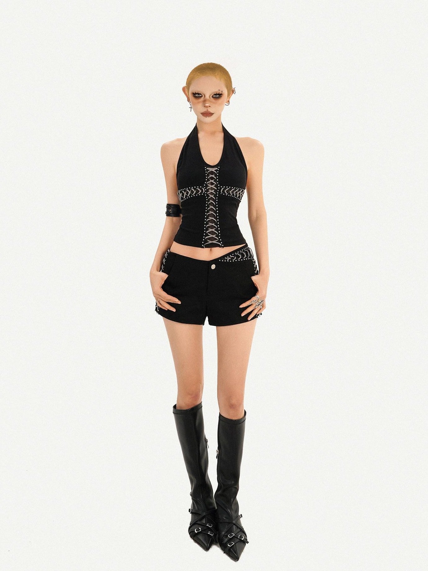 Nico Molly Black V-neck Halter Tie Waist Backless Cropped Women's Tank Tops