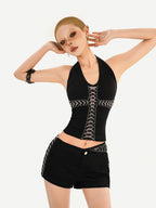 Nico Molly Black V-neck Halter Tie Waist Backless Cropped Women's Tank Tops