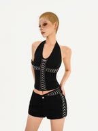 Nico Molly Black V-neck Halter Tie Waist Backless Cropped Women's Tank Tops