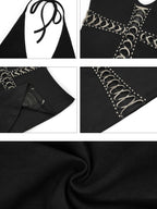 Nico Molly Black V-neck Halter Tie Waist Backless Cropped Women's Tank Tops