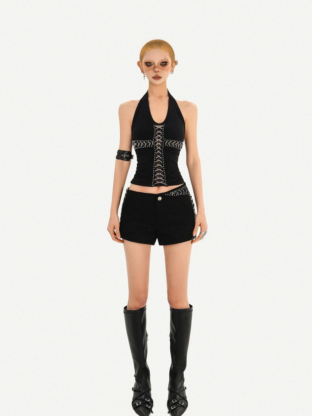 Nico Molly Black V-neck Halter Tie Waist Backless Cropped Women's Tank Tops