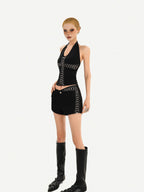 Nico Molly Black V-neck Halter Tie Waist Backless Cropped Women's Tank Tops