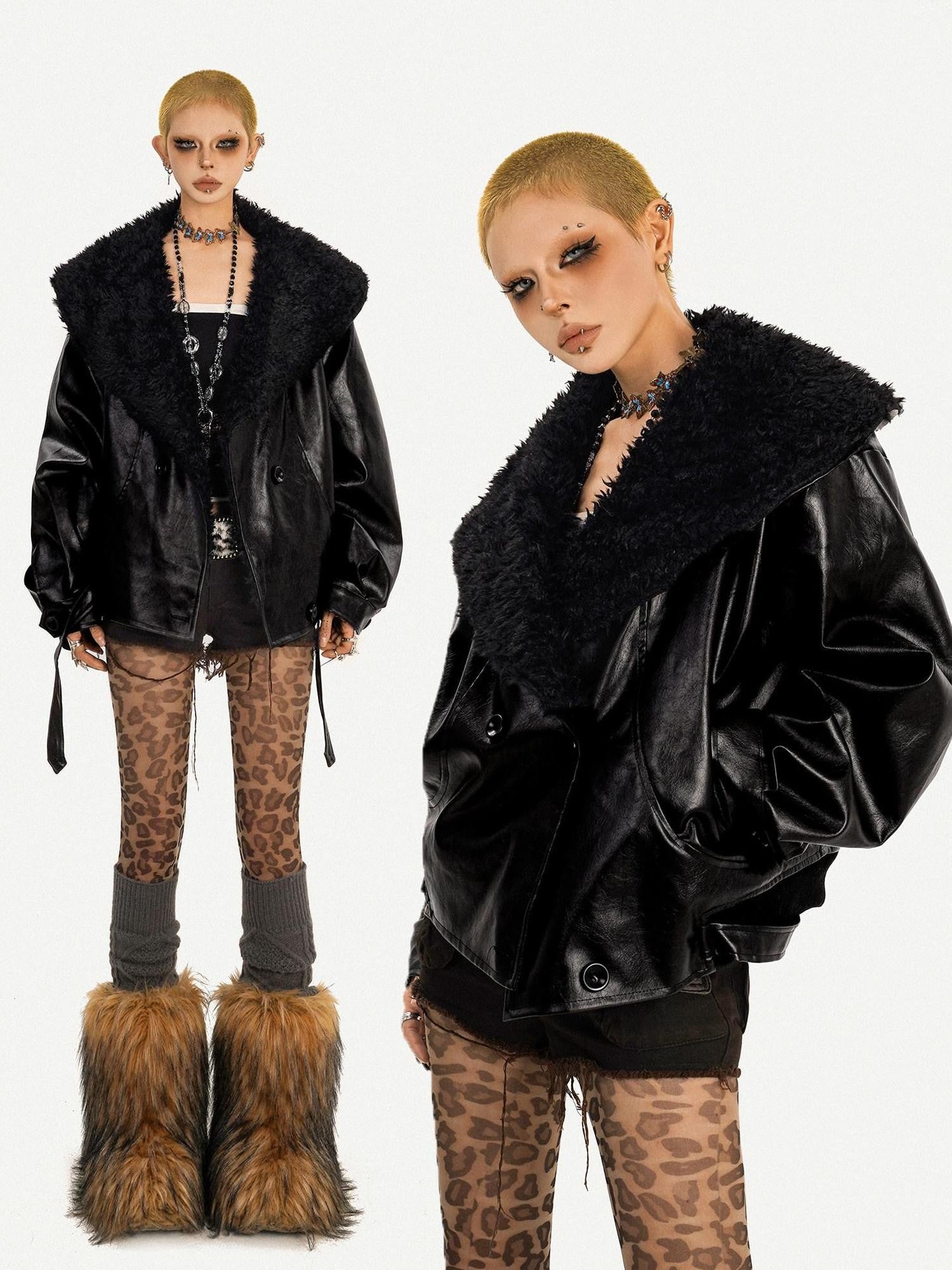 Nico Molly Black Vintage Goth Large Fur Collar Oversized Women's Pu Leather Jackets