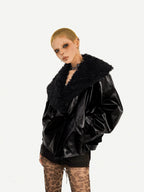 Nico Molly Black Vintage Goth Large Fur Collar Oversized Women's Pu Leather Jackets
