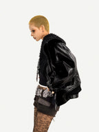 Nico Molly Black Vintage Goth Large Fur Collar Oversized Women's Pu Leather Jackets