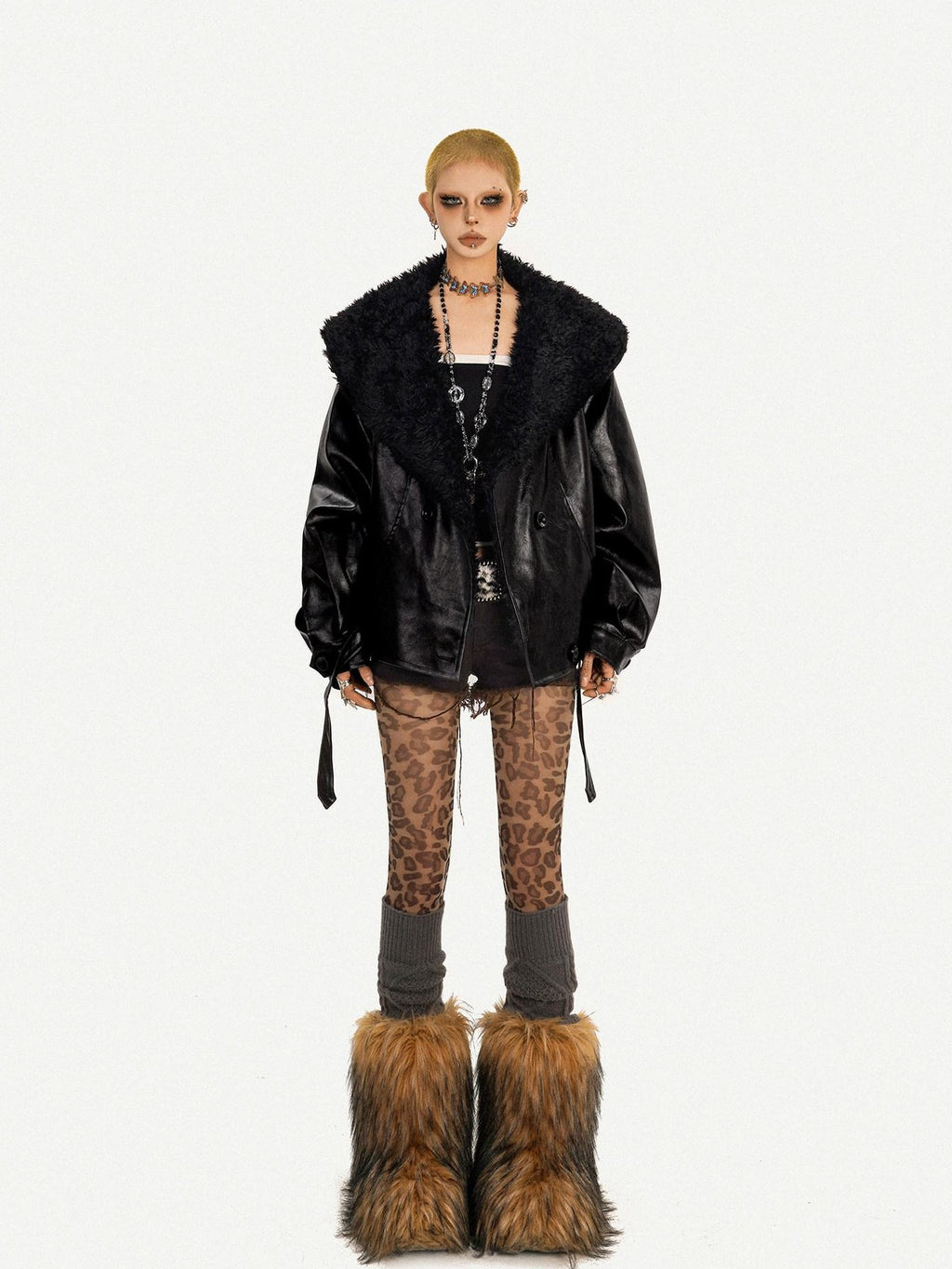 Nico Molly Black Vintage Goth Large Fur Collar Oversized Women's Pu Leather Jackets
