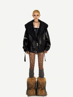Nico Molly Black Vintage Goth Large Fur Collar Oversized Women's Pu Leather Jackets