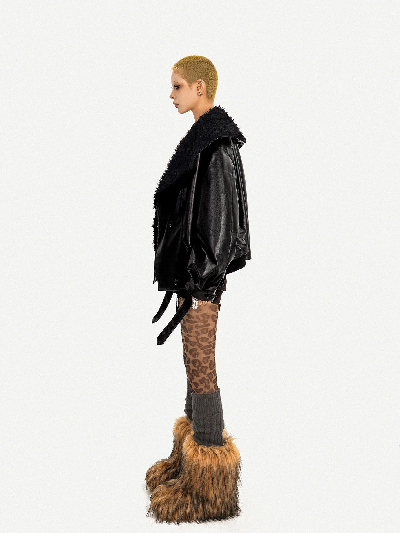Nico Molly Black Vintage Goth Large Fur Collar Oversized Women's Pu Leather Jackets