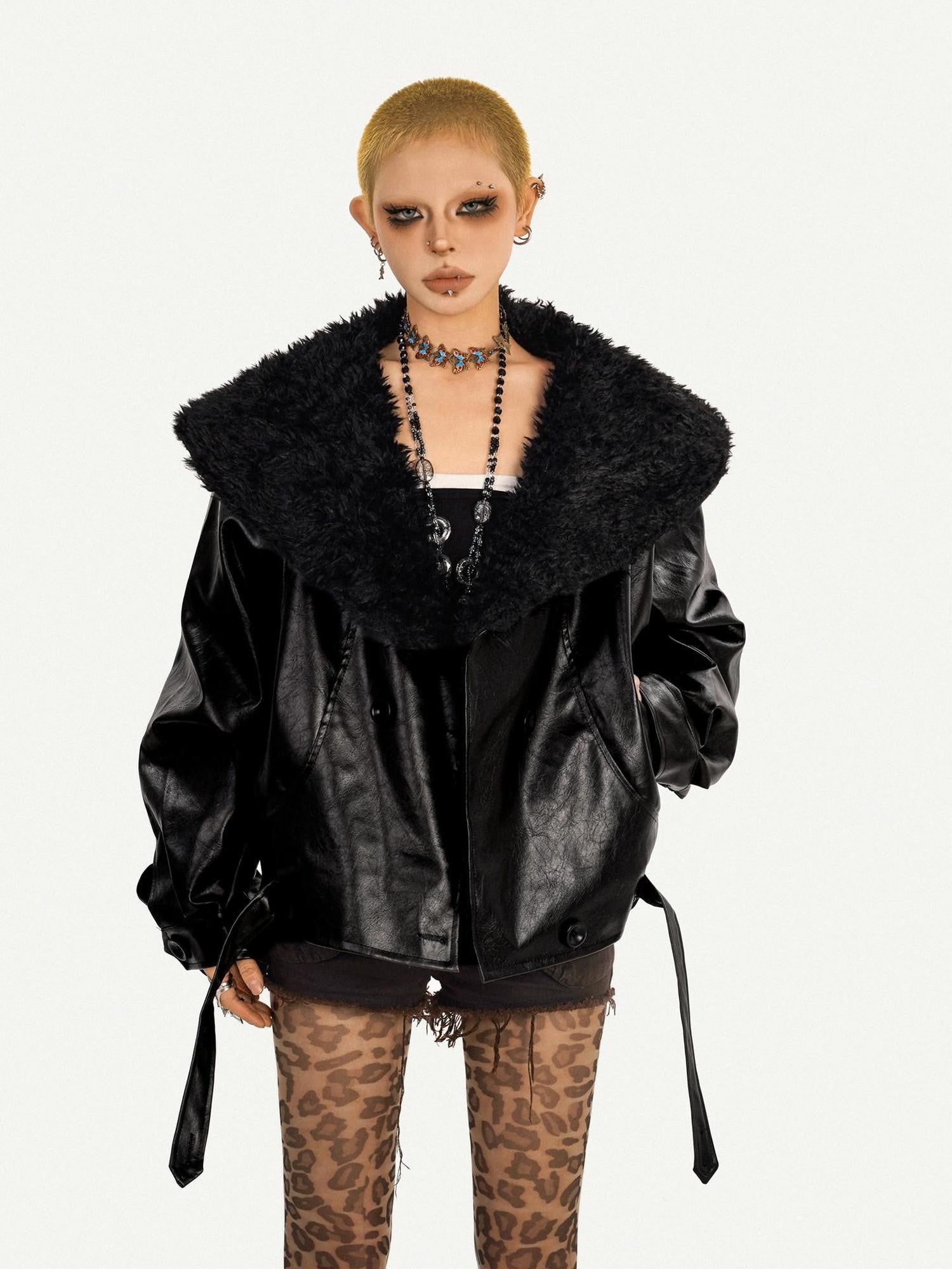 Nico Molly Black Vintage Goth Large Fur Collar Oversized Women's Pu Leather Jackets