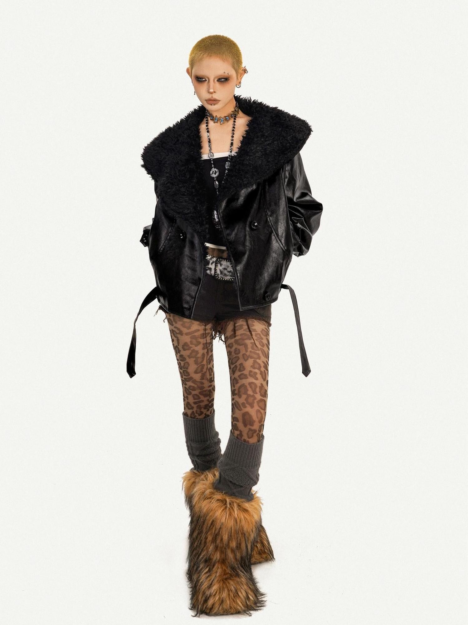 Nico Molly Black Vintage Goth Large Fur Collar Oversized Women's Pu Leather Jackets