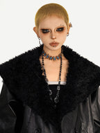 Nico Molly Black Vintage Goth Large Fur Collar Oversized Women's Pu Leather Jackets