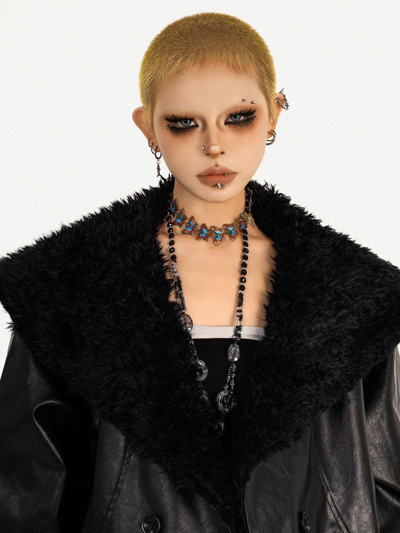 Nico Molly Black Vintage Goth Large Fur Collar Oversized Women's Pu Leather Jackets