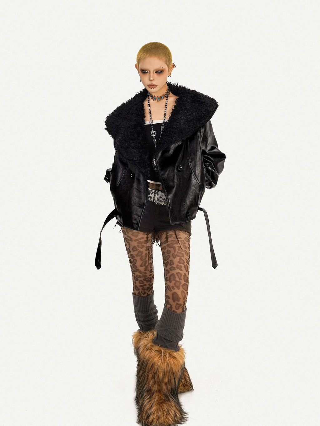 Nico Molly Black Vintage Goth Large Fur Collar Oversized Women's Pu Leather Jackets