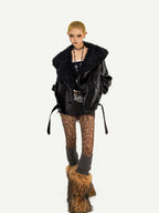 Nico Molly Black Vintage Goth Large Fur Collar Oversized Women's Pu Leather Jackets