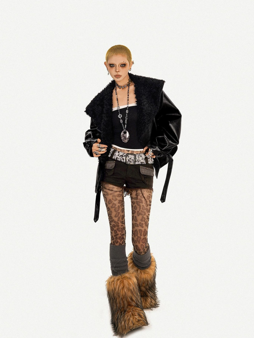 Nico Molly Black Vintage Goth Large Fur Collar Oversized Women's Pu Leather Jackets