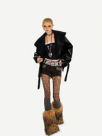 Nico Molly Black Vintage Goth Large Fur Collar Oversized Women's Pu Leather Jackets