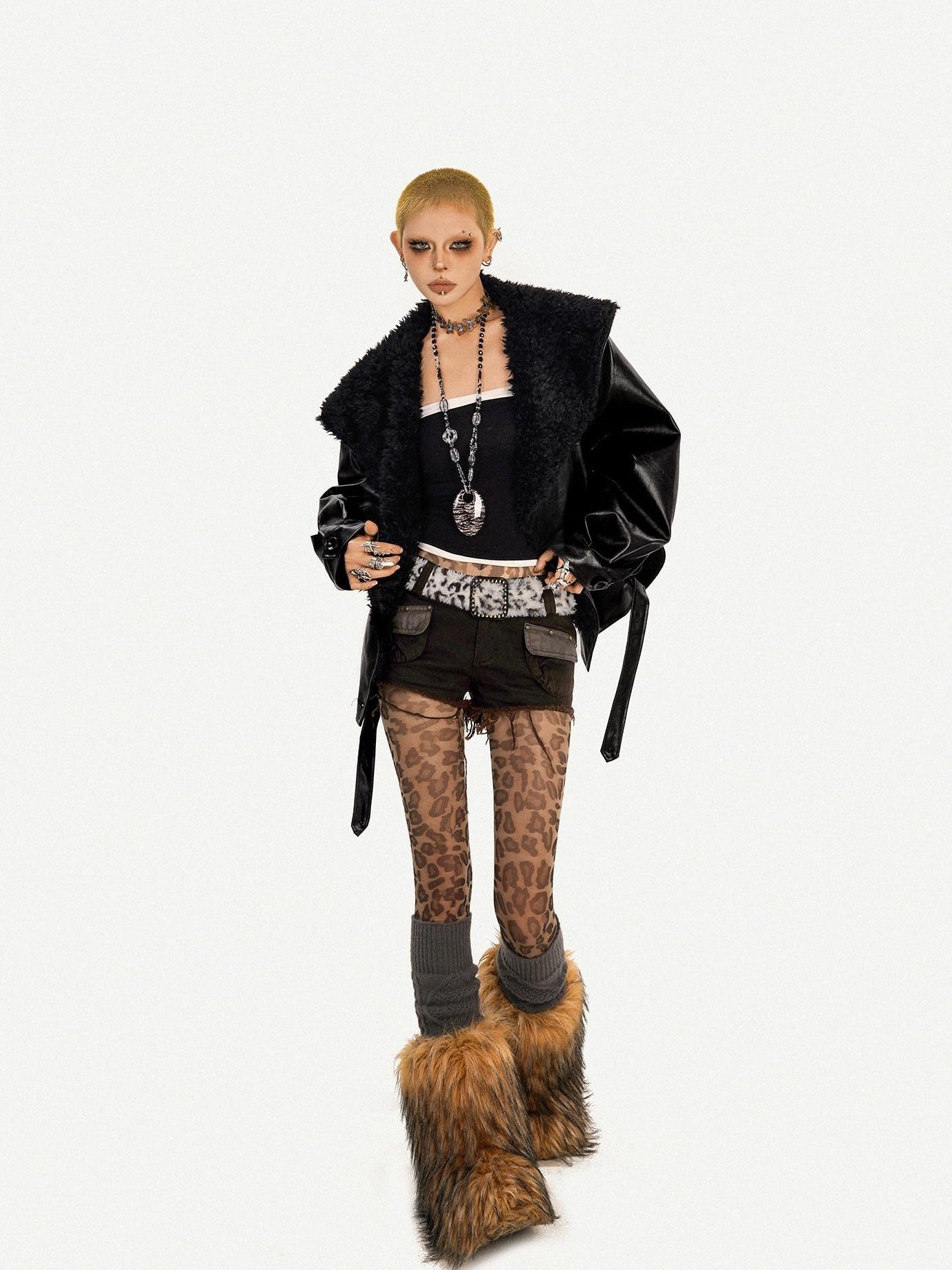 Nico Molly Black Vintage Goth Large Fur Collar Oversized Women's Pu Leather Jackets