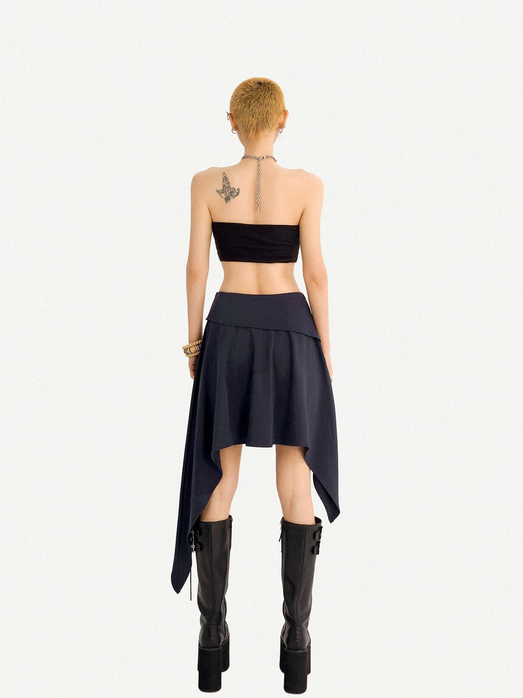 Nico Molly Blue Asymmetrical Hem Vintage Slim Side Zipper Women's Midi Skirts