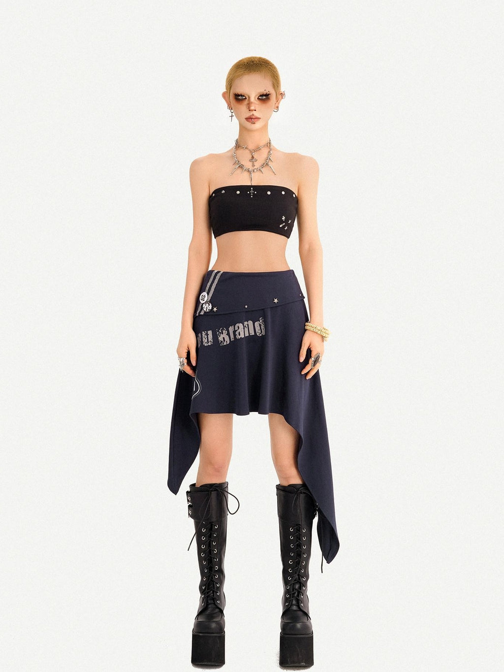 Nico Molly Blue Asymmetrical Hem Vintage Slim Side Zipper Women's Midi Skirts