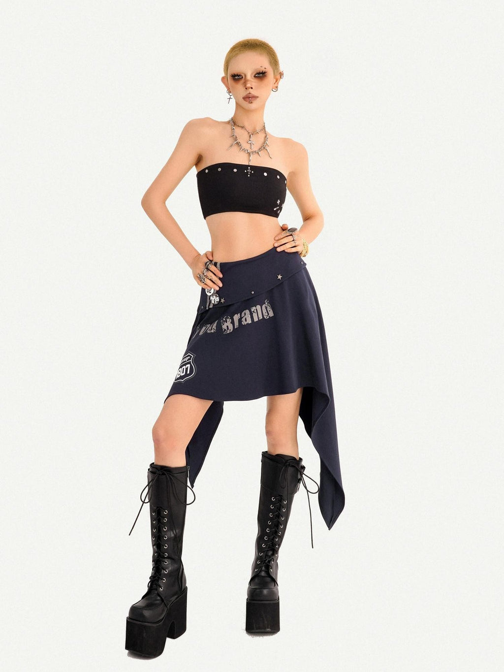 Nico Molly Blue Asymmetrical Hem Vintage Slim Side Zipper Women's Midi Skirts