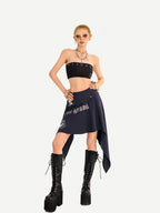 Nico Molly Blue Asymmetrical Hem Vintage Slim Side Zipper Women's Midi Skirts