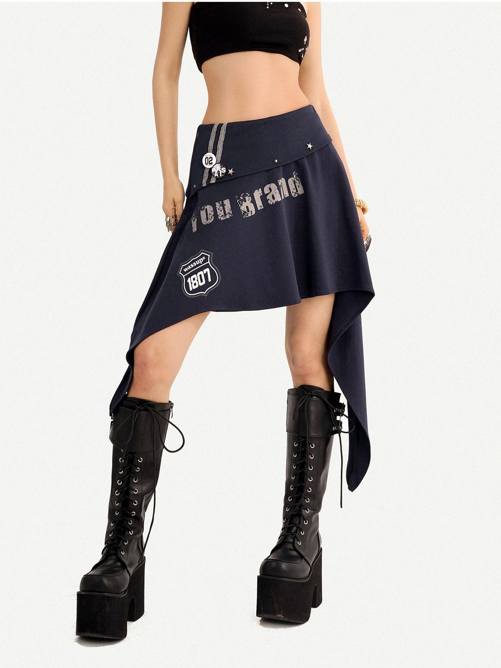 Nico Molly Blue Asymmetrical Hem Vintage Slim Side Zipper Women's Midi Skirts