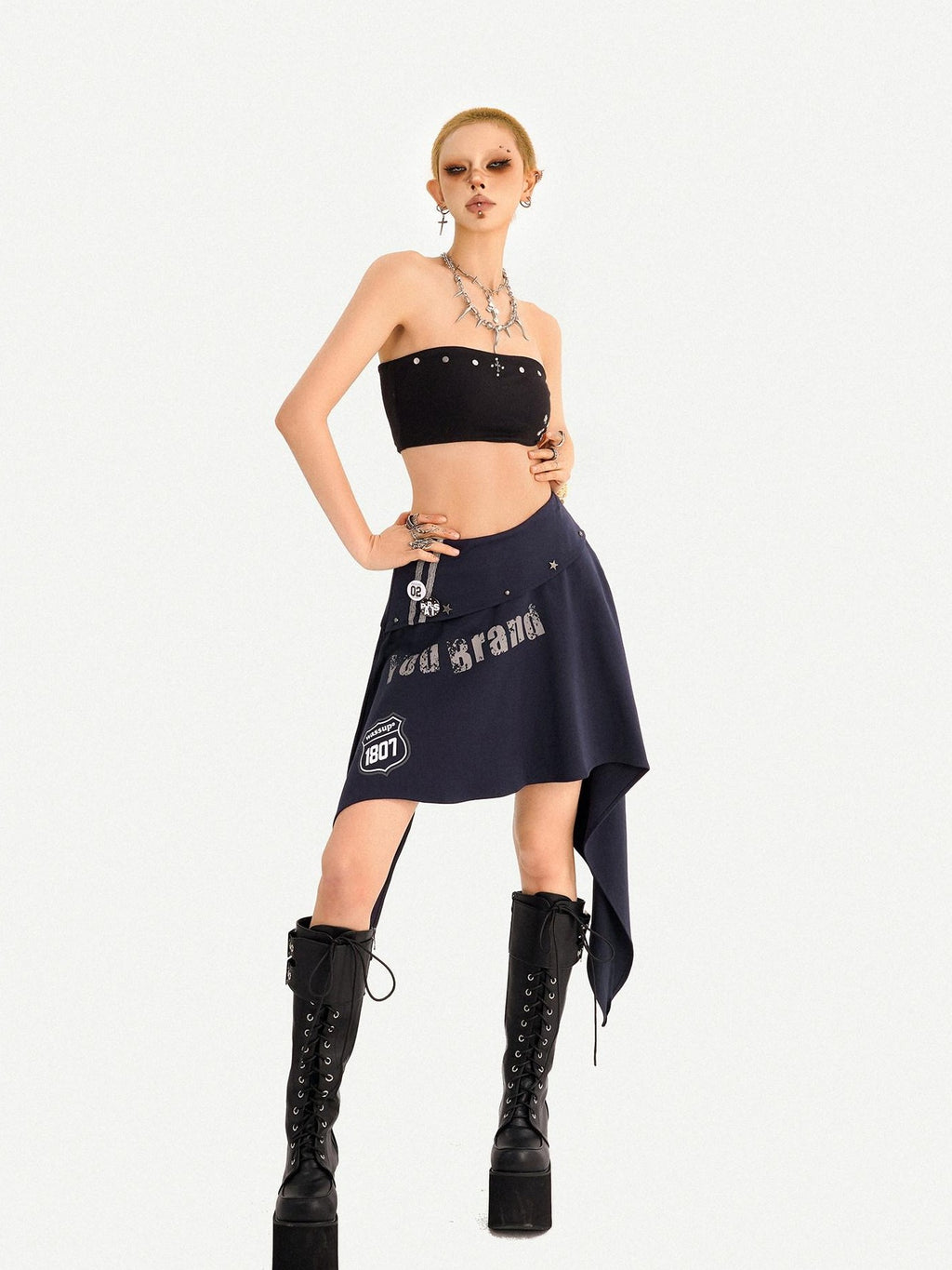 Nico Molly Blue Asymmetrical Hem Vintage Slim Side Zipper Women's Midi Skirts