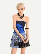 Nico Molly Blue Printed Slim Fitted Punk Short Women's Strapless Mini Dresses