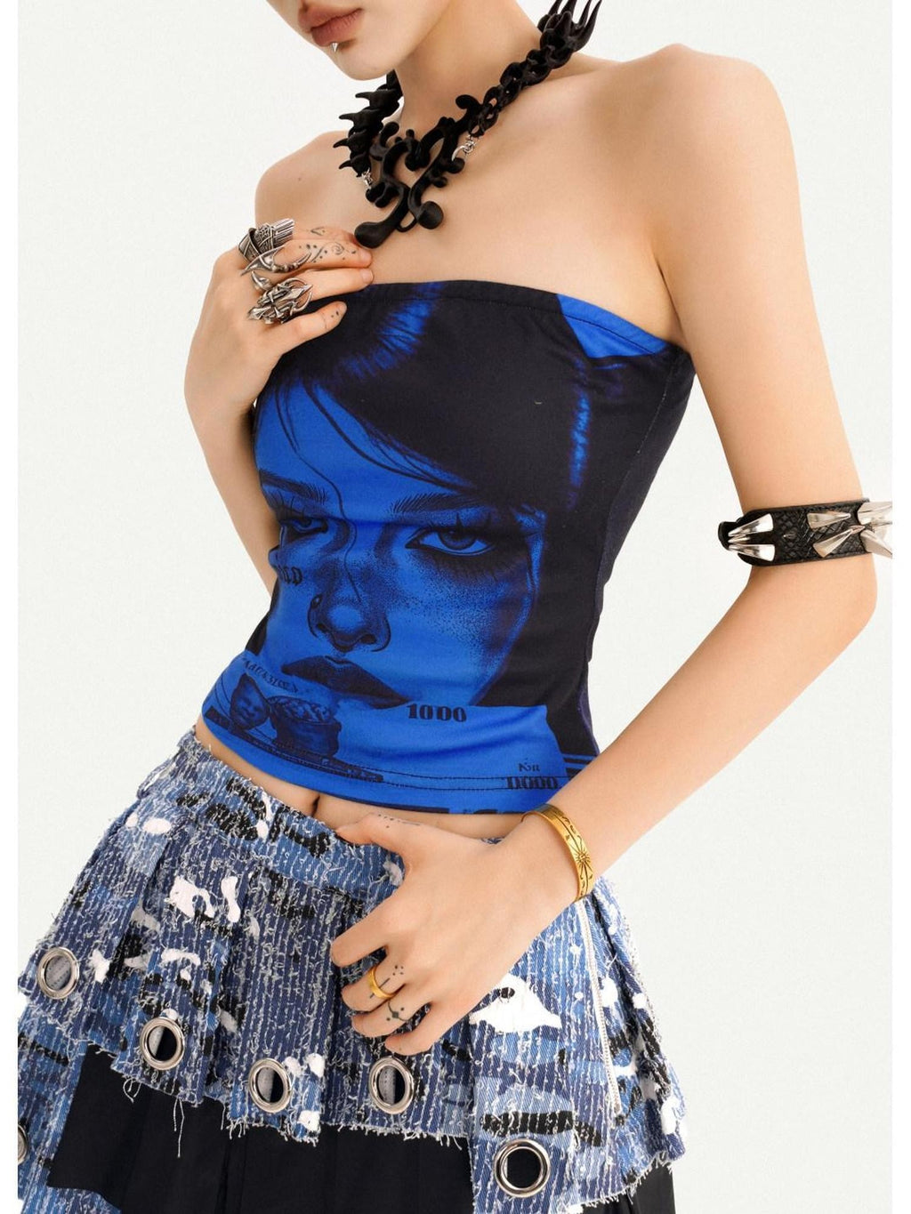 Nico Molly Blue Printed Slim Fitted Punk Short Women's Strapless Mini Dresses